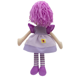 М'яка іграшка лялька з вишитим обличчям, 36 см, одна жовта квітка, фіолетова сукня (861057-3)