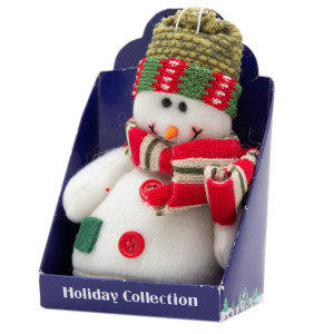 Ялинкова іграшка м'яка - Сніговик в зеленій шапці, 9 см, білий, текстиль (000265-4)