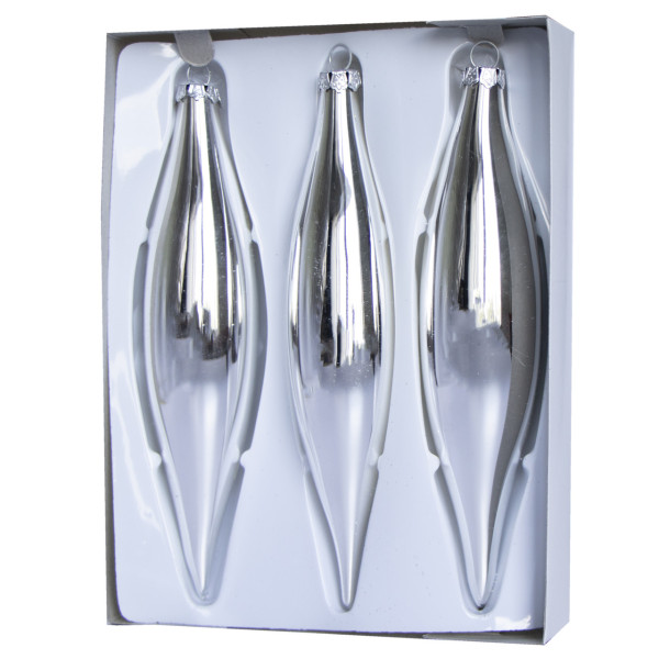 Набір ялинкових іграшок - бурульки, 3 шт, 3x15 см, сріблястий глянець, скло (390120-7)