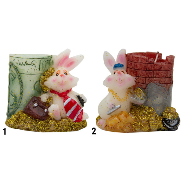 Свічка - Кролик з доларом, 7,6 см, білий із золотистим, парафін (440191-1)