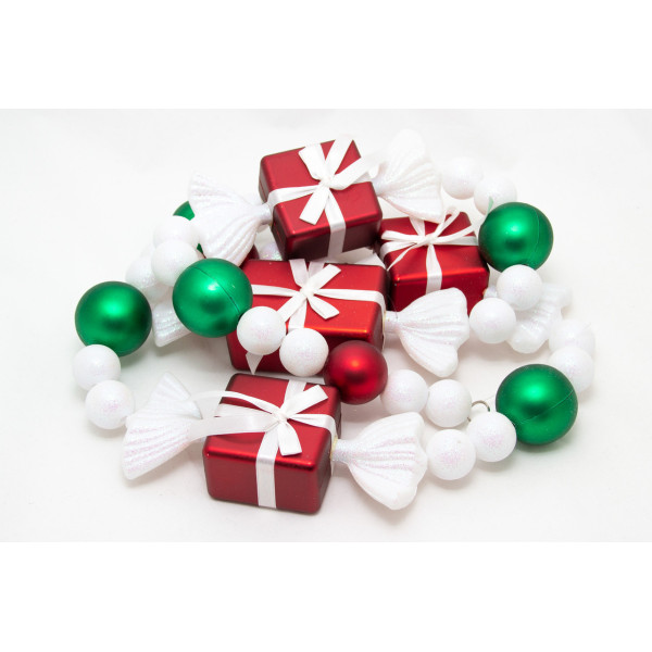Новорічна прикраса - гірлянда з цукерок та куль, 1,83 м, червоний, зелений, пластик (110063-6)