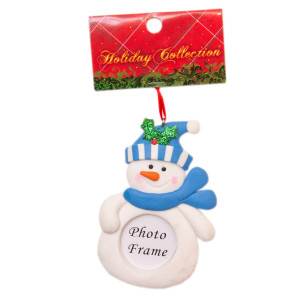 Новорічна ялинкова іграшка - фоторамка гумова Сніговик з блакитним шарфом, 9,5 см, білий, полірезин (001545-5)