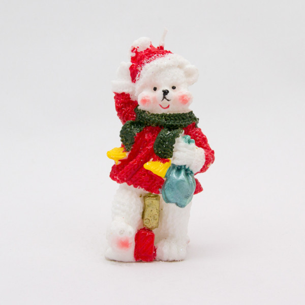 Свічка - Ведмідь з мішком, 5,2x5,3x9,3 см, білий з червоним, парафін (790708-1)