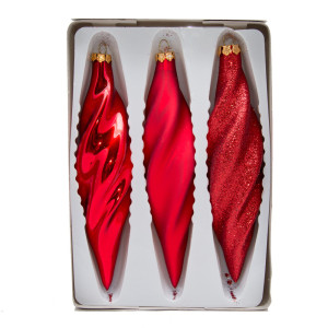 Набір ялинкових іграшок - закручені бурульки, 3 шт, 16 см, червоний, мікс, скло (390168-3)