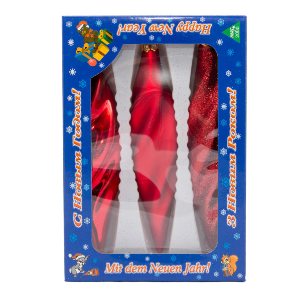 Набір ялинкових іграшок - закручені бурульки, 3 шт, 16 см, червоний, мікс, скло (390168-3)