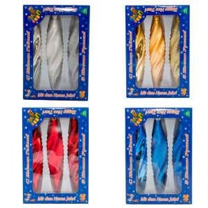 Набір ялинкових іграшок - закручені бурульки, 3 шт, 16 см, червоний, мікс, скло (390168-3)