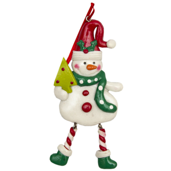 Новорічна ялинкова іграшка - фігурка Сніговик з тростиною, 13 см, різнокольоровий, полірезин (001583-2)