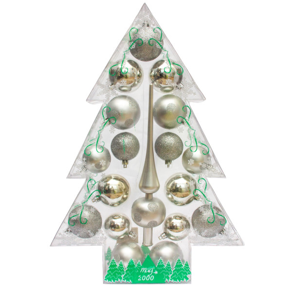 Набір ялинкових іграшок - кулі з верхівкою в коробці форми ялинки, 18 шт, D5-6 см, сріблястий, пластик, мікс (030811-1)
