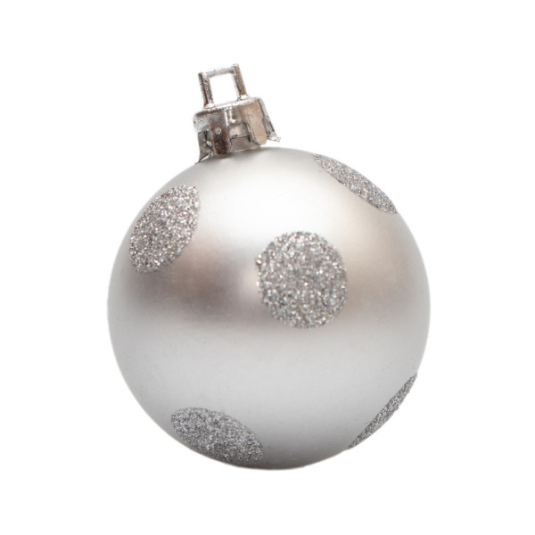 Набір ялинкових іграшок - кулі з верхівкою в коробці форми ялинки, 18 шт, D5-6 см, сріблястий, пластик, мікс (030811-1)