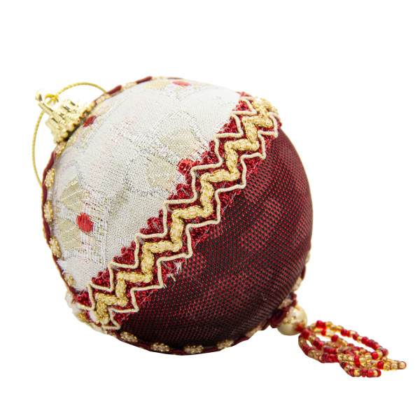 Ялинкова іграшка - куля з тканини вишита бісером, D10 см, червона, біла, текстиль (430246-4)