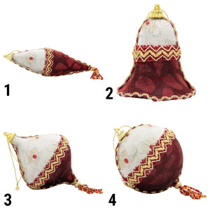 Ялинкова іграшка - куля з тканини вишита бісером, D10 см, червона, біла, текстиль (430246-4)