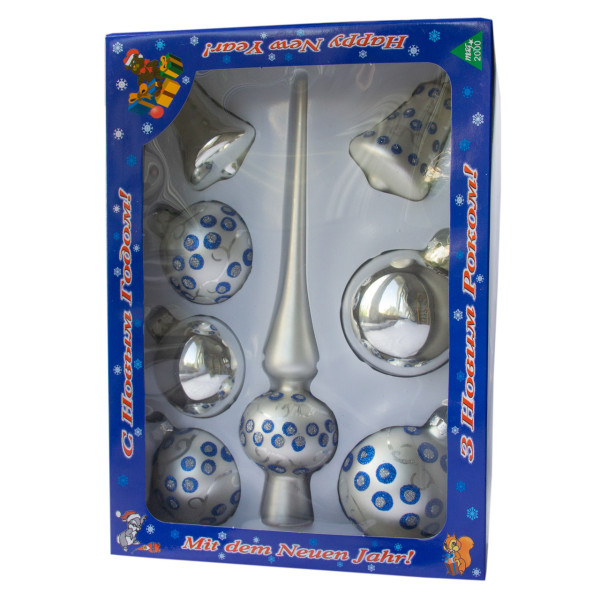 Набір ялинкових іграшок - кулі з верхівкою, 8 шт, D6-8 см, сріблястий, в крапки, скло, мікс (390281-18)