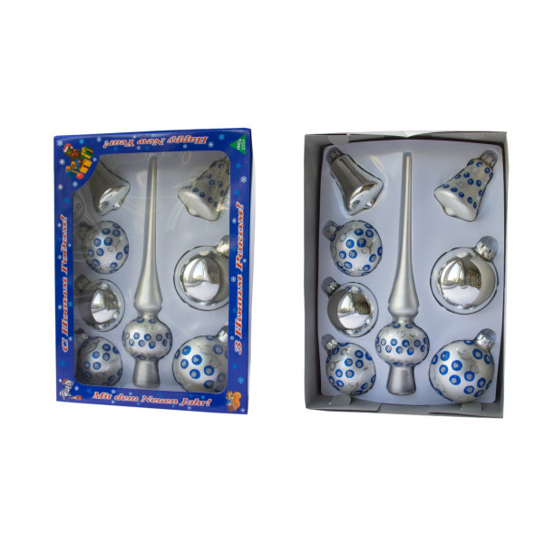 Набір ялинкових іграшок - кулі з верхівкою, 8 шт, D6-8 см, сріблястий, в крапки, скло, мікс (390281-18)