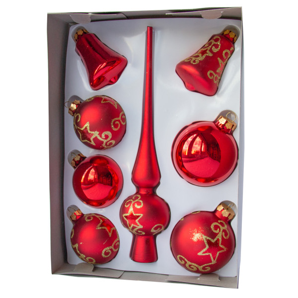 Набір ялинкових іграшок - кулі з верхівкою, 8 шт, D6-8 см, червоний, в великі зірки, мікс, скло (390281-12)