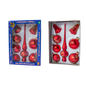 Набір ялинкових іграшок - кулі з верхівкою, 8 шт, D6-8 см, червоний, в великі зірки, мікс, скло (390281-12)