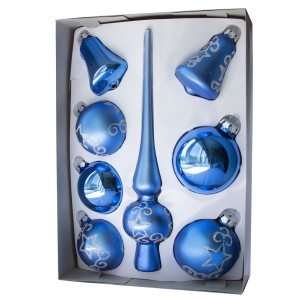 Набір ялинкових іграшок - кулі з верхівкою, 8 шт, D6-8 см, синій, у великі зірки, скло, мікс (390281-16)