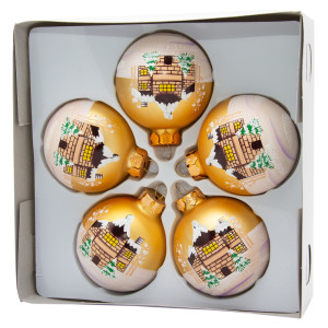 Набір ялинкових іграшок - кулі з розписом, 5 шт, D6 см, золотистий, матовий, скло (390434-2)