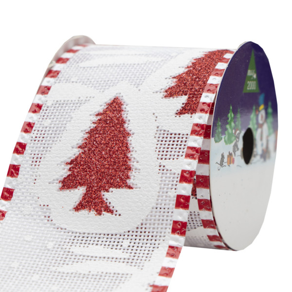 Декоративна прикраса - стрічка в рулоні червона ялинка на білому фоні, 3 м, 6,3 см, поліестер (080594-5)