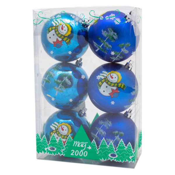 Уцінка. Набір ялинкових іграшок - кулі, 6 шт, D8 см, синій, з малюнком, пластик (030361-4)