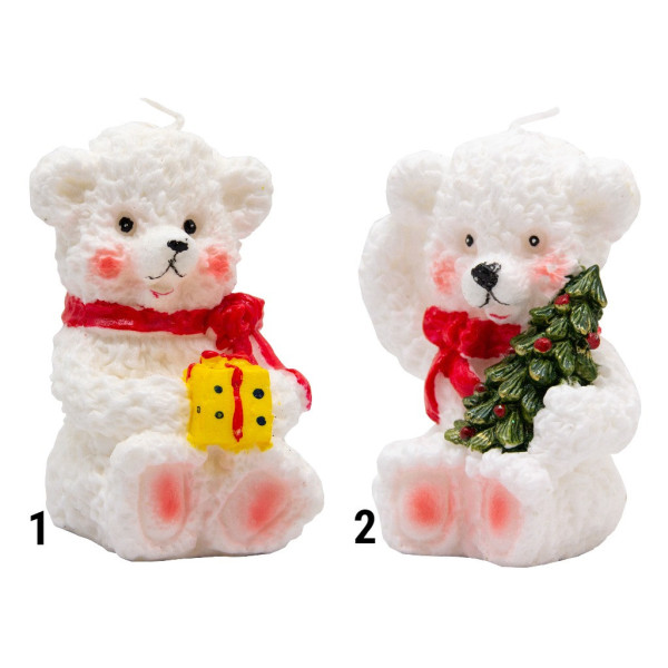 Свічка - Ведмідь з подарунком, 8,5x7,7x10,9 см, білий з червоним, парафін (790630-1)