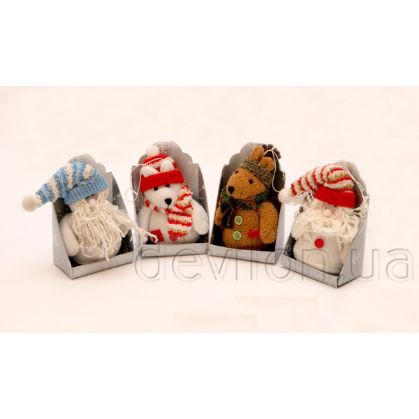 Ялинкова іграшка м'яка - Білий Санта (Дід Мороз) в блакитній шапці, 14 см, білий, текстиль (000029-2)