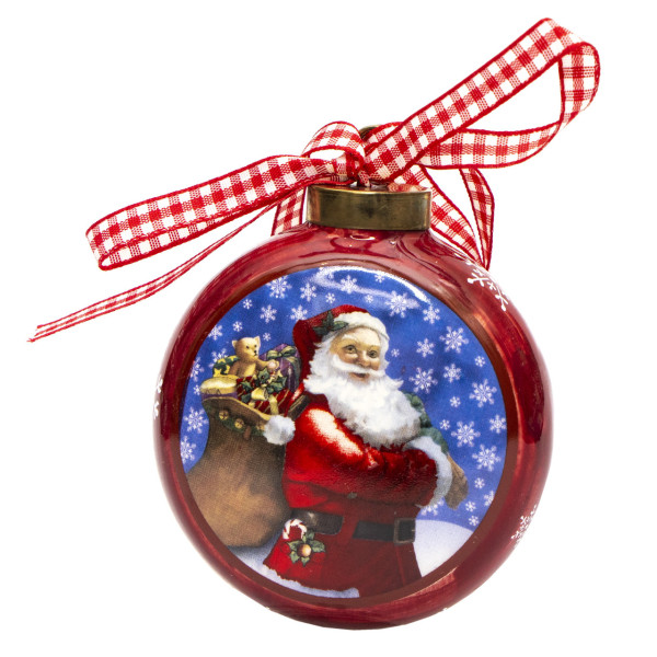 Ялинкова іграшка - плоска куля на підвісці з малюнком Діда Мороза, 7,5 см, червона, кераміка (000616-3)