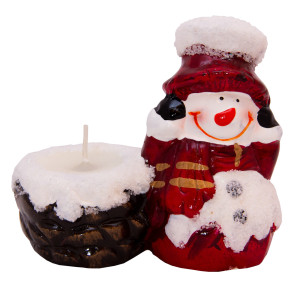 Підсвічник - Сніговик зі свічкою, 11x9,5x9,8 см, білий з червоним, кераміка (441655)