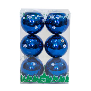 Набір ялинкових іграшок - кулі, 6 шт, D8 см, синій, глянець, пластик (890841)