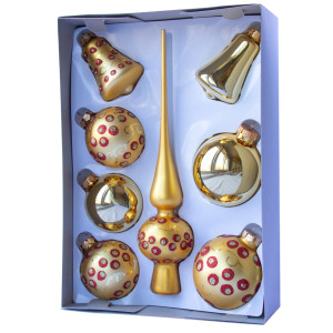 Набір ялинкових іграшок - кулі з верхівкою, 8 шт, D6-8 см, золотистий, у крапку, скло, мікс (390281-23)