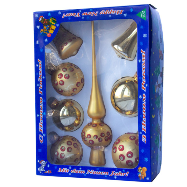 Набір ялинкових іграшок - кулі з верхівкою, 8 шт, D6-8 см, золотистий, у крапку, скло, мікс (390281-23)