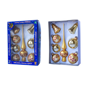 Набір ялинкових іграшок - кулі з верхівкою, 8 шт, D6-8 см, золотистий, у крапку, скло, мікс (390281-23)