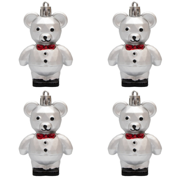 Набір ялинкових іграшок - Ведмедик, 4 шт, 7 см, сріблястий, пластик (891497)