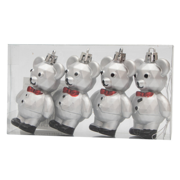 Набір ялинкових іграшок - Ведмедик, 4 шт, 7 см, сріблястий, пластик (891497)