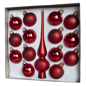 Набір ялинкових іграшок - кулі з верхівкою, 15 шт, D6 см, червоний, мікс, скло (390199-2)
