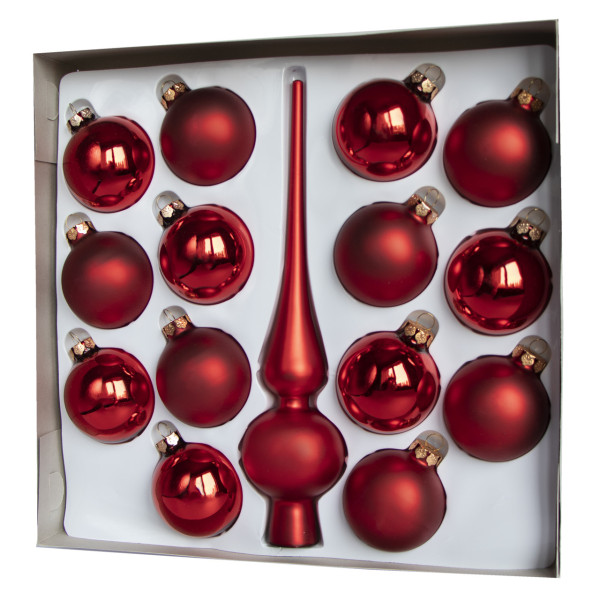 Набір ялинкових іграшок - кулі з верхівкою, 15 шт, D6 см, червоний, мікс, скло (390199-2)