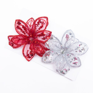 Набір ялинкових іграшок - квіти на кліпсі, 2 шт, 11 см, червоний, сріблястий, органза (780150-1)