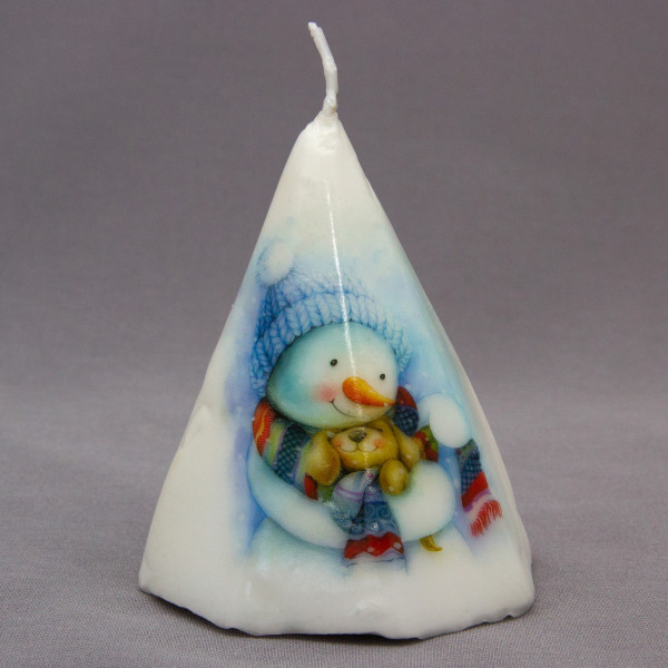 Свічка - Конус з малюнком сніговика, 7,8x7,8x9,2 см, білий з синім, парафін (791224)