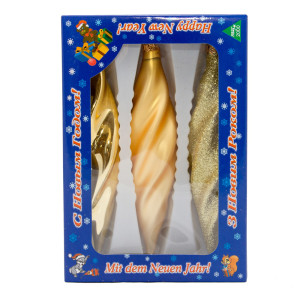 Набір ялинкових іграшок - закручені бурульки, 3 шт, 16 см, золотистий, мікс, скло (390168-2)