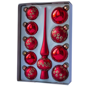 Набір ялинкових іграшок - кулі з верхівкою, 10 шт, D5-6 см, червоний, в крапку, скло, мікс (390267-6)