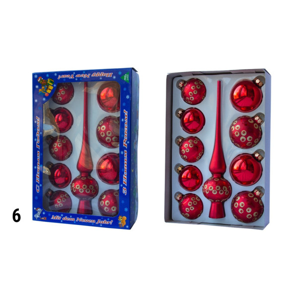 Набір ялинкових іграшок - кулі з верхівкою, 10 шт, D5-6 см, червоний, в крапку, скло, мікс (390267-6)