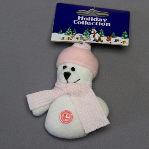 Ялинкова іграшка м'яка - Сніговик в рожевій шапці та шарфі, 9 см, білий із рожевим, текстиль (000159-5)