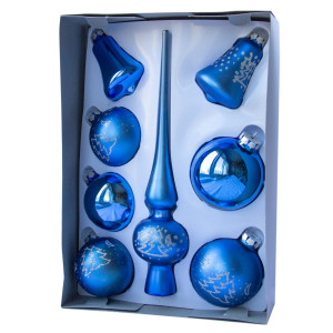 Набір ялинкових іграшок - кулі з верхівкою, 8 шт, D6-8 см, синій, ялинка, скло, мікс (390281-8)