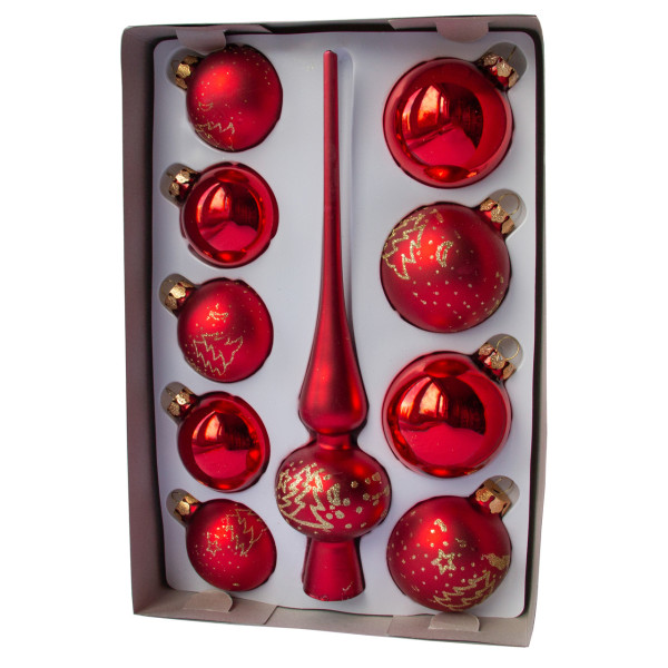 Набір ялинкових іграшок - кулі з верхівкою, 10 шт, D5-6 см, червоний, в ялинку, скло, мікс (390267-22)