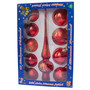 Набір ялинкових іграшок - кулі з верхівкою, 10 шт, D5-6 см, червоний, в ялинку, скло, мікс (390267-22)