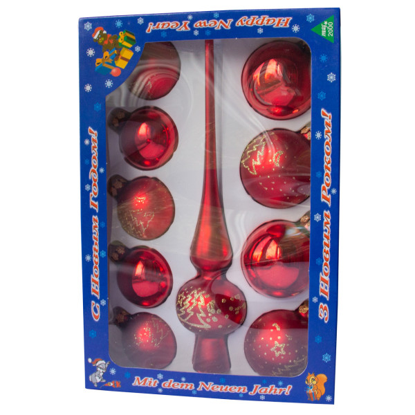 Набір ялинкових іграшок - кулі з верхівкою, 10 шт, D5-6 см, червоний, в ялинку, скло, мікс (390267-22)