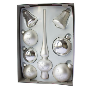 Набір ялинкових іграшок - кулі з верхівкою, 8 шт, D6-8 см, сріблястий, в ялиночки, скло, мікс (390281-17)