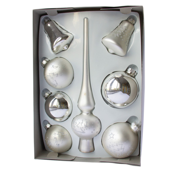Набір ялинкових іграшок - кулі з верхівкою, 8 шт, D6-8 см, сріблястий, в ялиночки, скло, мікс (390281-17)