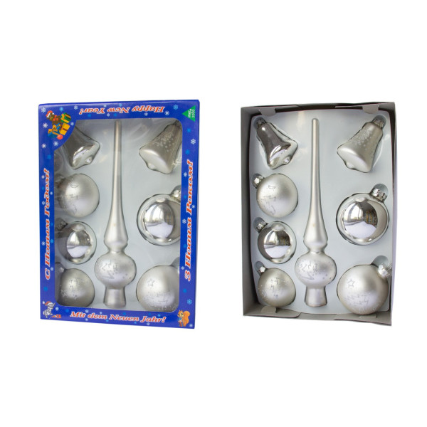 Набір ялинкових іграшок - кулі з верхівкою, 8 шт, D6-8 см, сріблястий, в ялиночки, скло, мікс (390281-17)