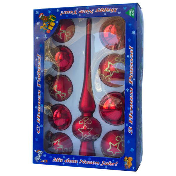 Набір ялинкових іграшок - кулі з верхівкою, 10 шт, D5-6 см, червоний, великі зірки, скло, мікс (390267-8)
