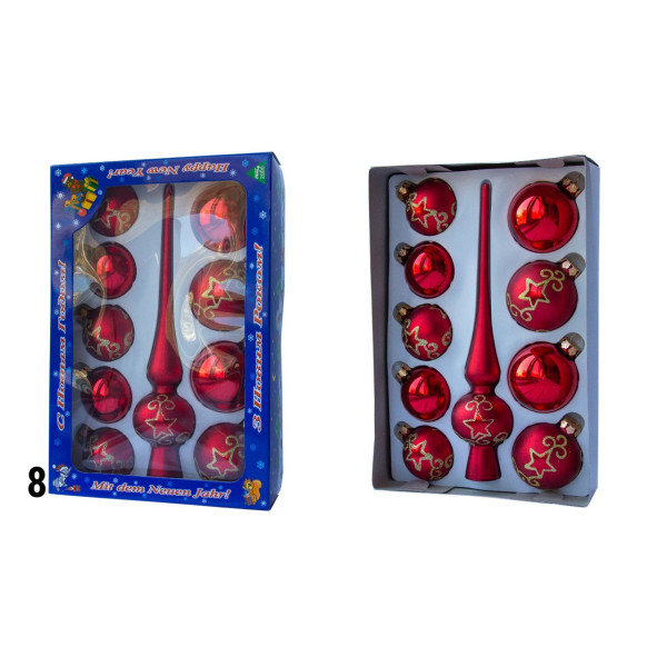 Набір ялинкових іграшок - кулі з верхівкою, 10 шт, D5-6 см, червоний, великі зірки, скло, мікс (390267-8)